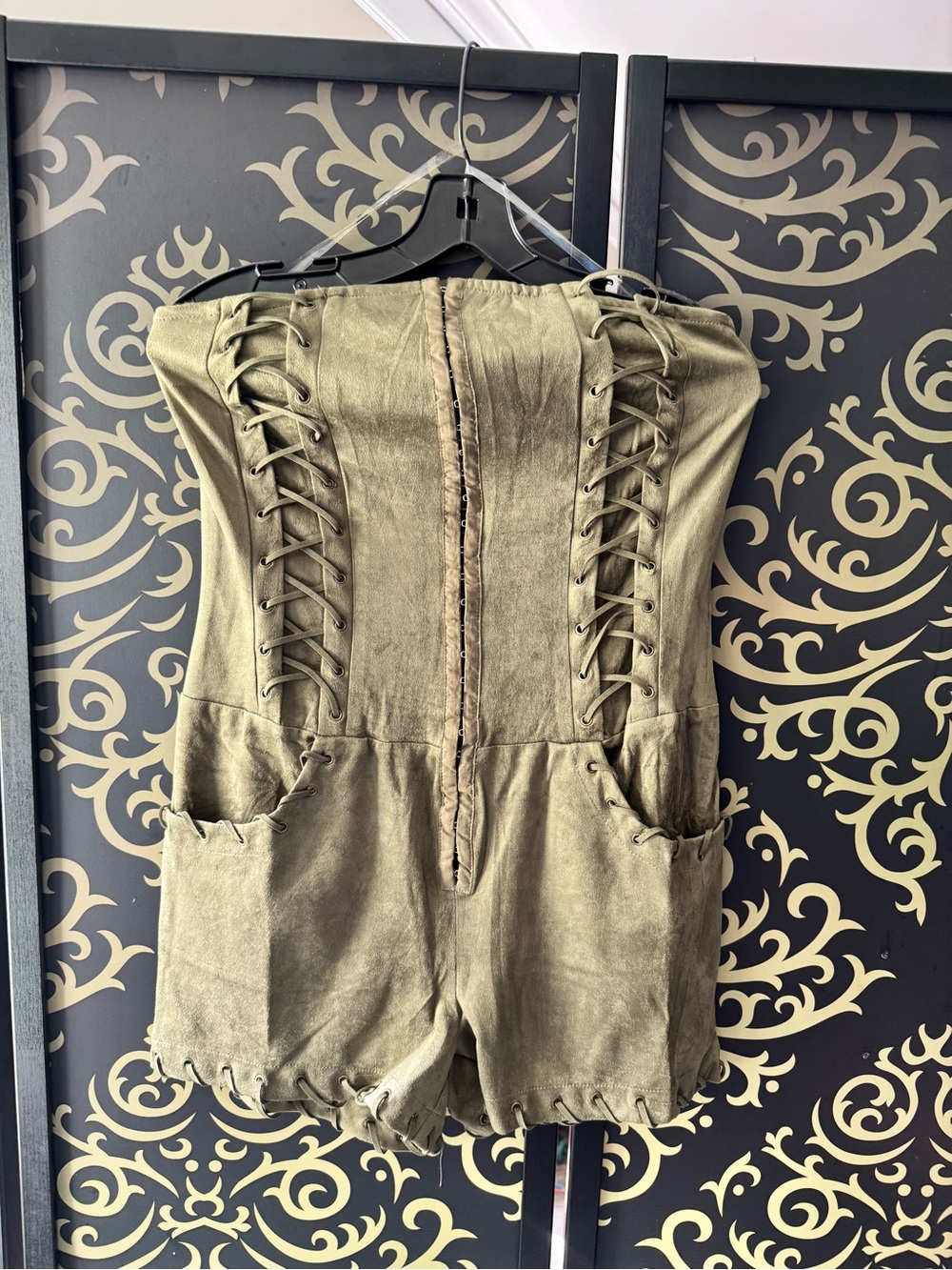 Fashion Nova Olive Lace-Up Strapless Suede Romper